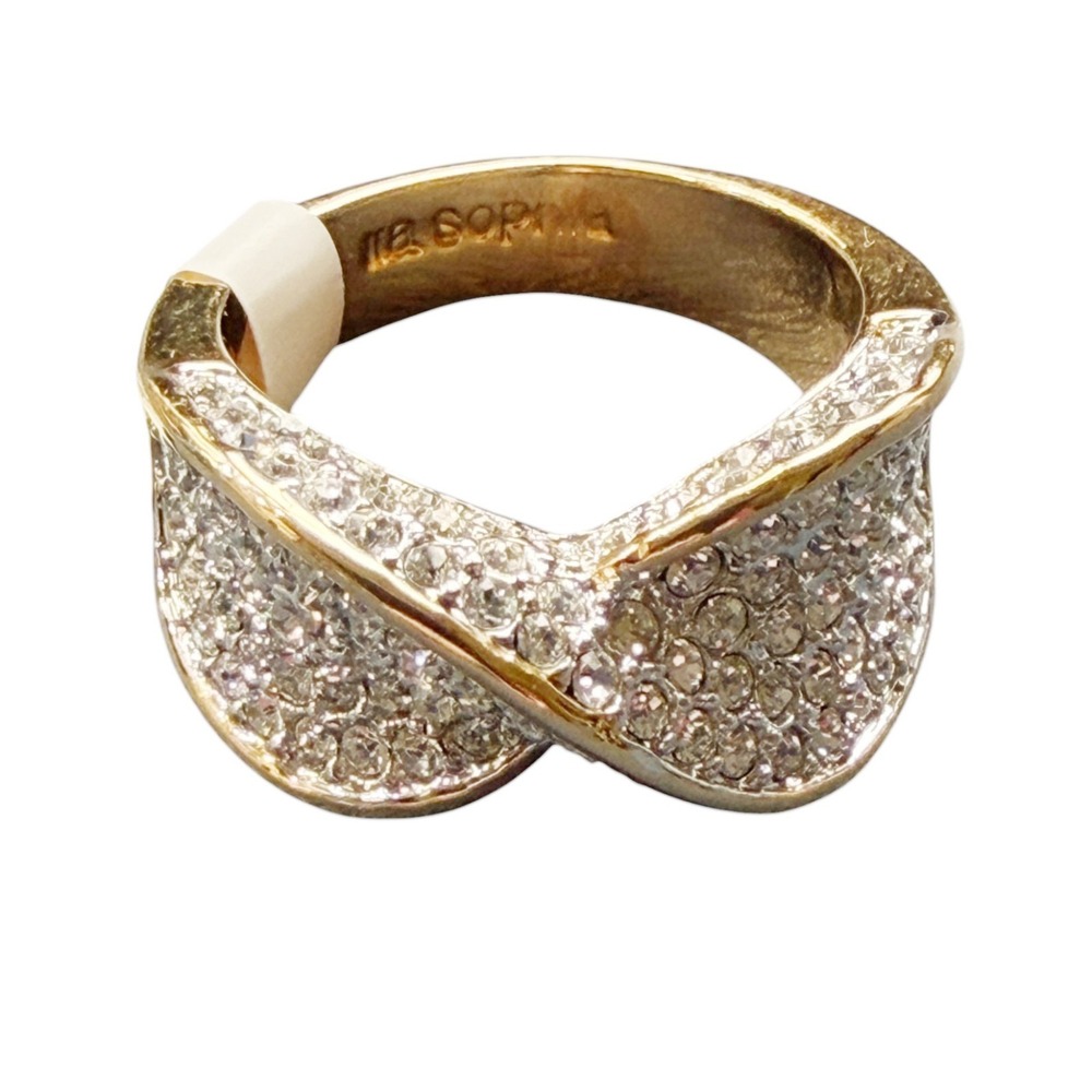 Lia Sophia Austrian Crystal Gold Tone Crossover Ring Size 7 Statement Pave